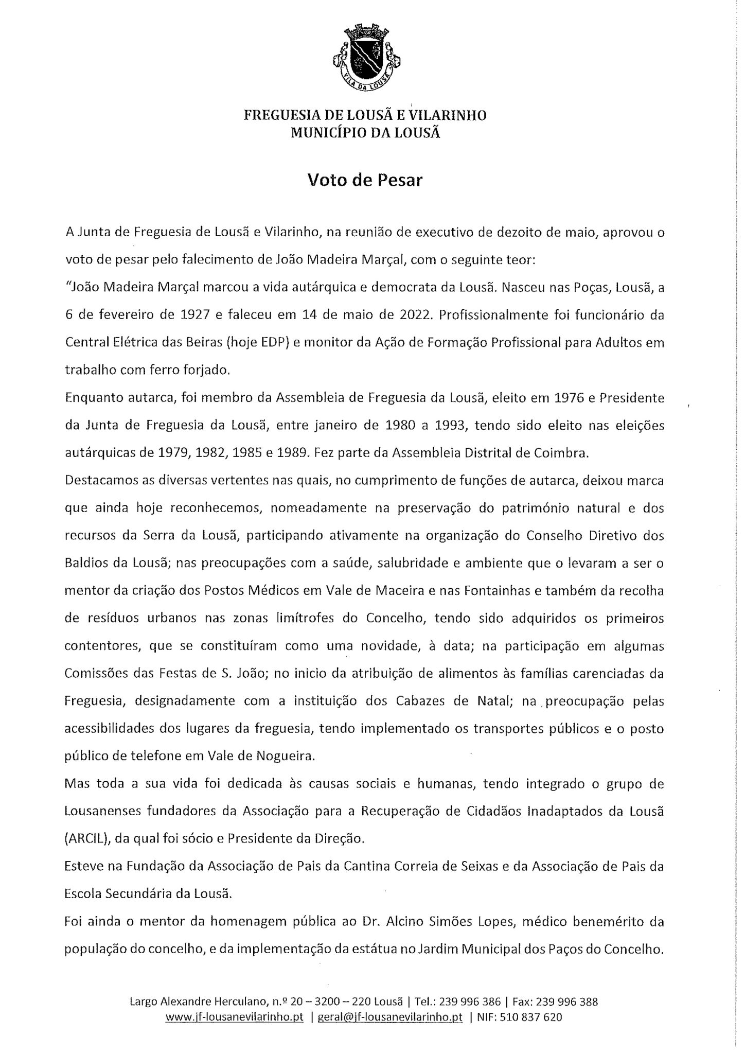 Voto De Pesar Pelo Falecimento De João Madeira Marçal Freguesia De